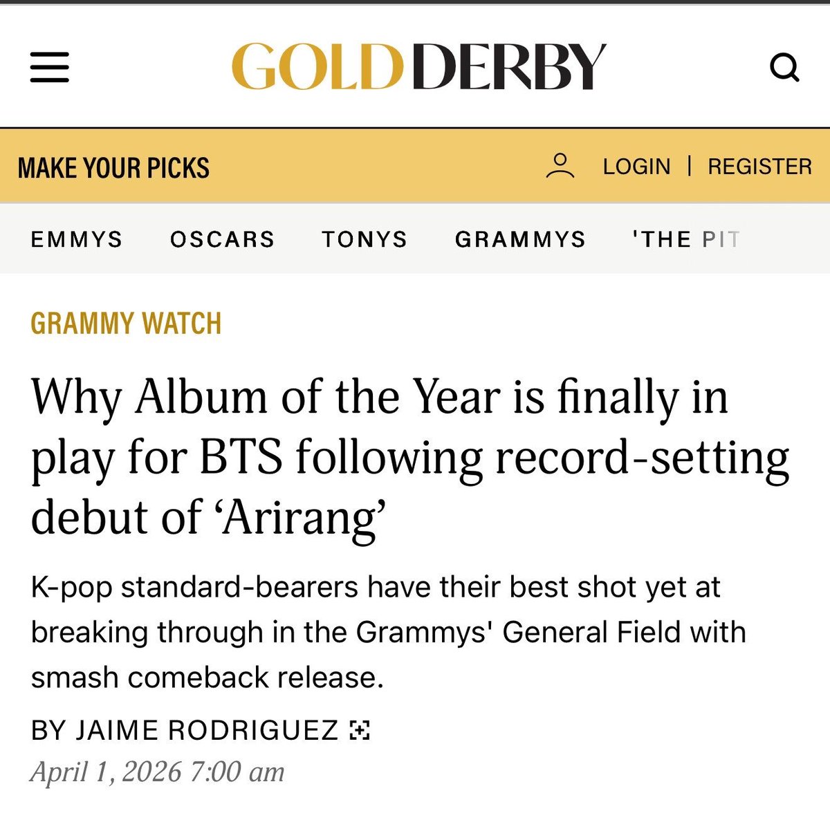 spinorbinmusic's tweet image. 🚨 GRAMMY SZN IS BTS SZN 🚨 

Gold Derby says 'ARIRANG' is a STRONG contender for Album of the Year and we are MANIFESTING! 🏆🔥

Critical acclaim AND commercial success?! BTS really said "why not both?" 👑💜
#BTS #ARIRANG #GRAMMYs #ARMY