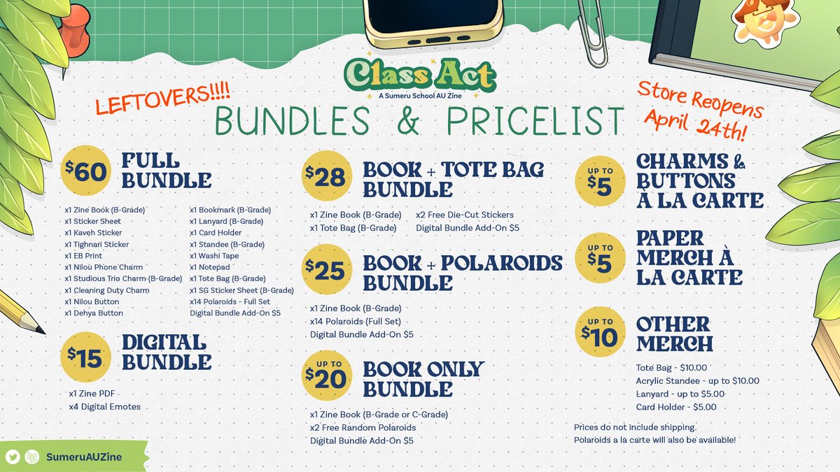 SumeruAUZine's tweet photo. 🍃📢 LEFTOVERS OPENING APRIL 24! 📢🍃

Scholars! We're so excited to share that our shop will finally reopen in about 2 weeks on April 24th for our Leftovers sale. 💚 We have a handful of merch and bundles to choose from, you can review our pricelist below! ☀️ https://t.co/7TayRsM9Rq