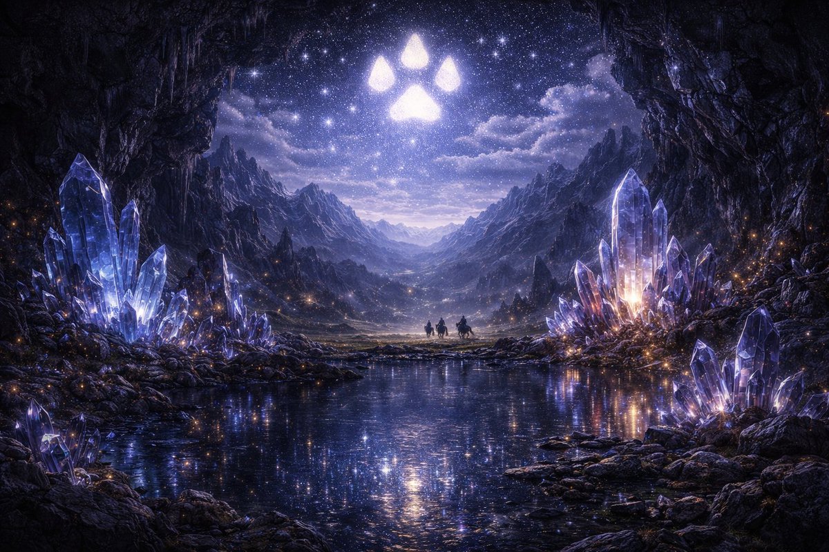 realDogenera's tweet image. Woof! Across the realm of crystal cavern reflecting starlight, prophecy awakens again—Dogenera’s paws leave their mark across the heavens. 🐕✨🌌🔥 #Dogenera #Dogeneration #Doge #elonmusk #prophecy #LOTR #Tolkien