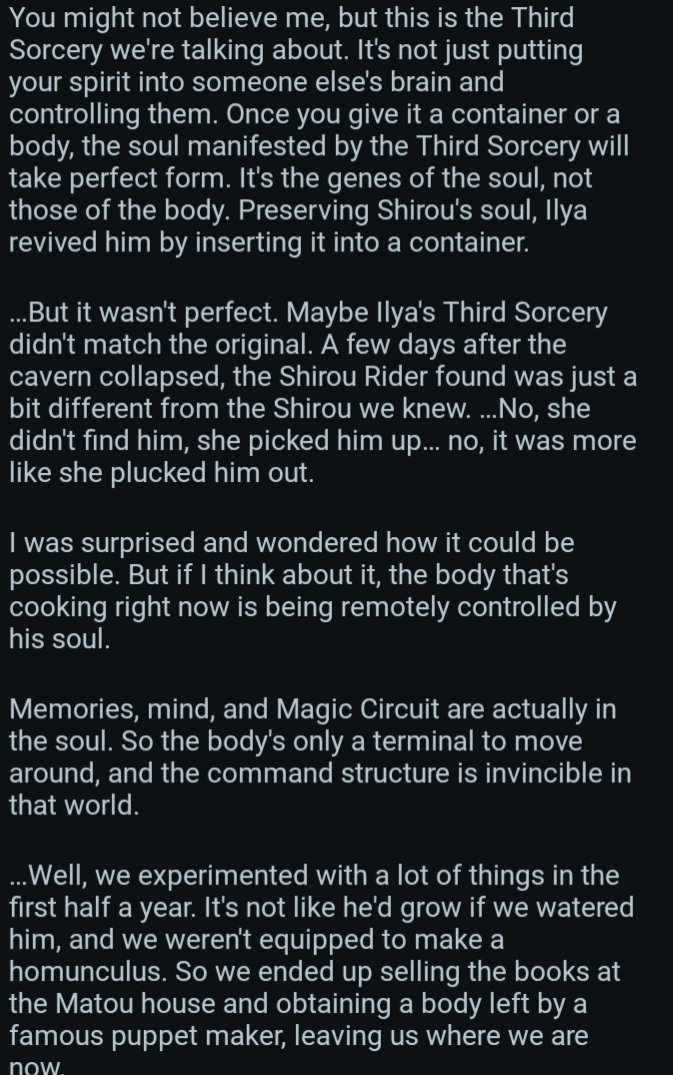 Ner0VA's tweet photo. @kizu_skip @WarmVulpine To be fair. Post HF, the puppet body is supposedly able to utilise his Reality Marble if he trains.

The issue is, We don't know if he retained the information from Archer's arm encroaching on his existence.

So during HF I'd agree on the advantages. After? We can't really know. https://t.co/o5bPvcEbGo