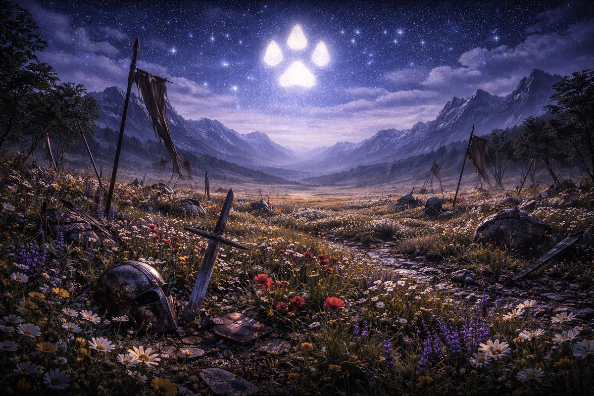realDogenera's tweet image. Woof! Across the realm of abandoned battlefield covered in flowers, prophecy awakens again—Dogenera’s paws leave their mark across the heavens. 🐕✨🌌🔥 #Dogenera #Dogeneration #Doge #elonmusk #prophecy #LOTR #Tolkien