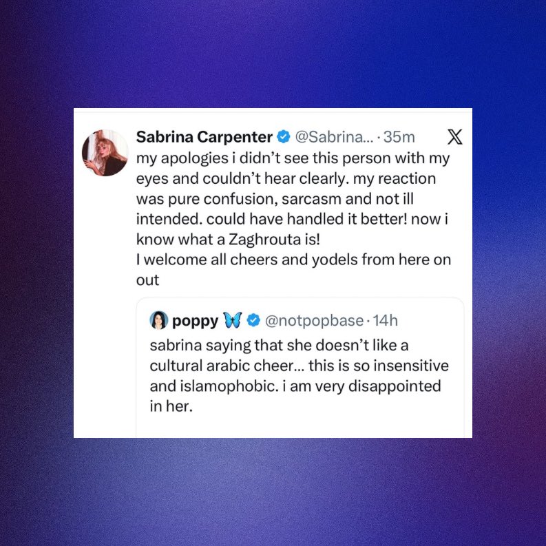 Xpert_things's tweet image. #Sabrina Carpenter apologizes for her reaction to the #Arabic Zaghrouta cheer she heard from the crowd at #Coachella:

“my reaction was pure confusion, sarcasm and not ill intended. could have handled it better!”
#Sabrinacarpenter