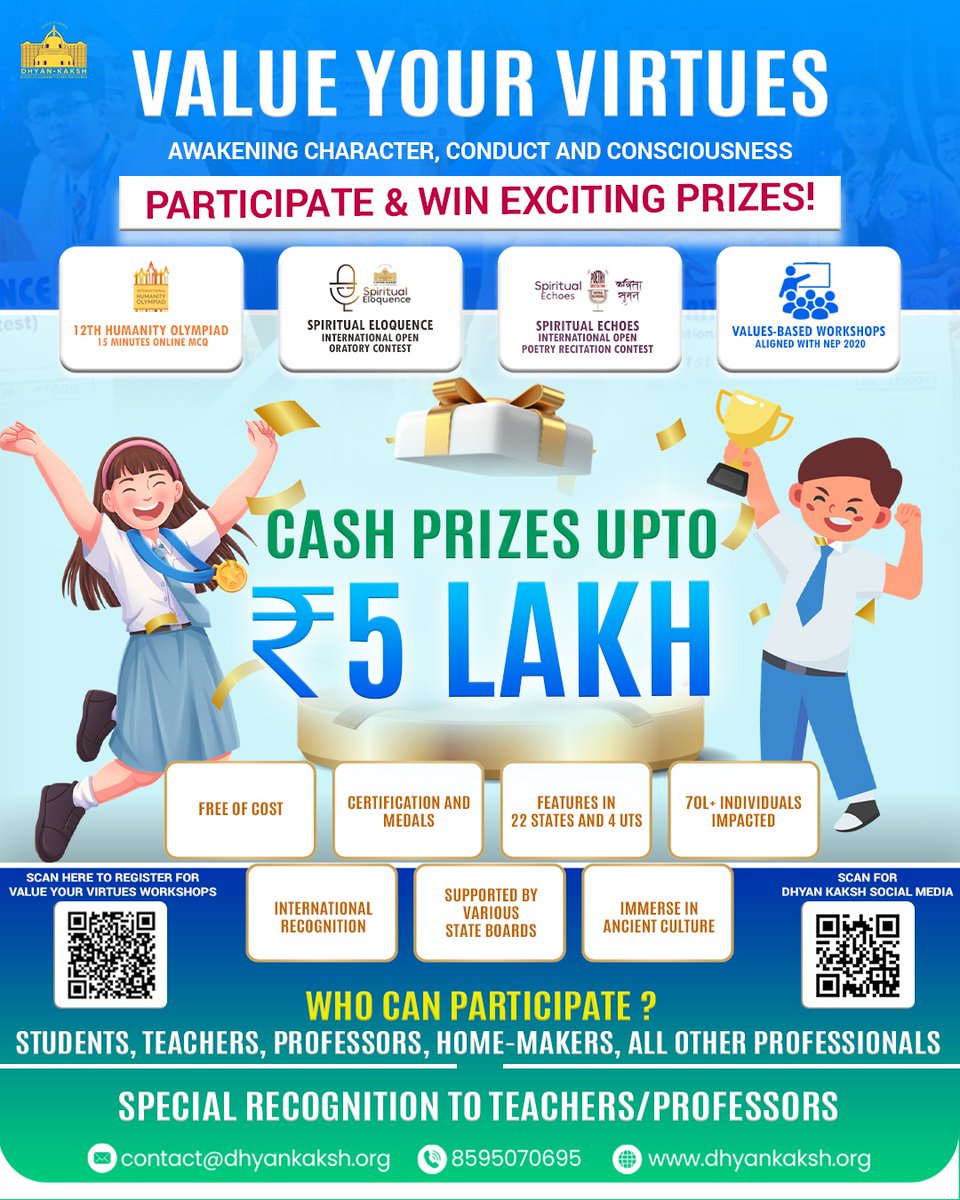DhyanKaksh's tweet photo. 🌟 VALUE YOUR VIRTUES 🌟
Awakening Character, Conduct &amp; Consciousness
🎯 Participate &amp; Win Exciting Prizes!
💰 Cash Prizes up to ₹5 Lakh
🏆 Free Participation | Certificates | International Recognition

📚 Open for: Students, Teachers, Professors, Homemakers &amp; Professionals https://t.co/WZXNHqUqWJ