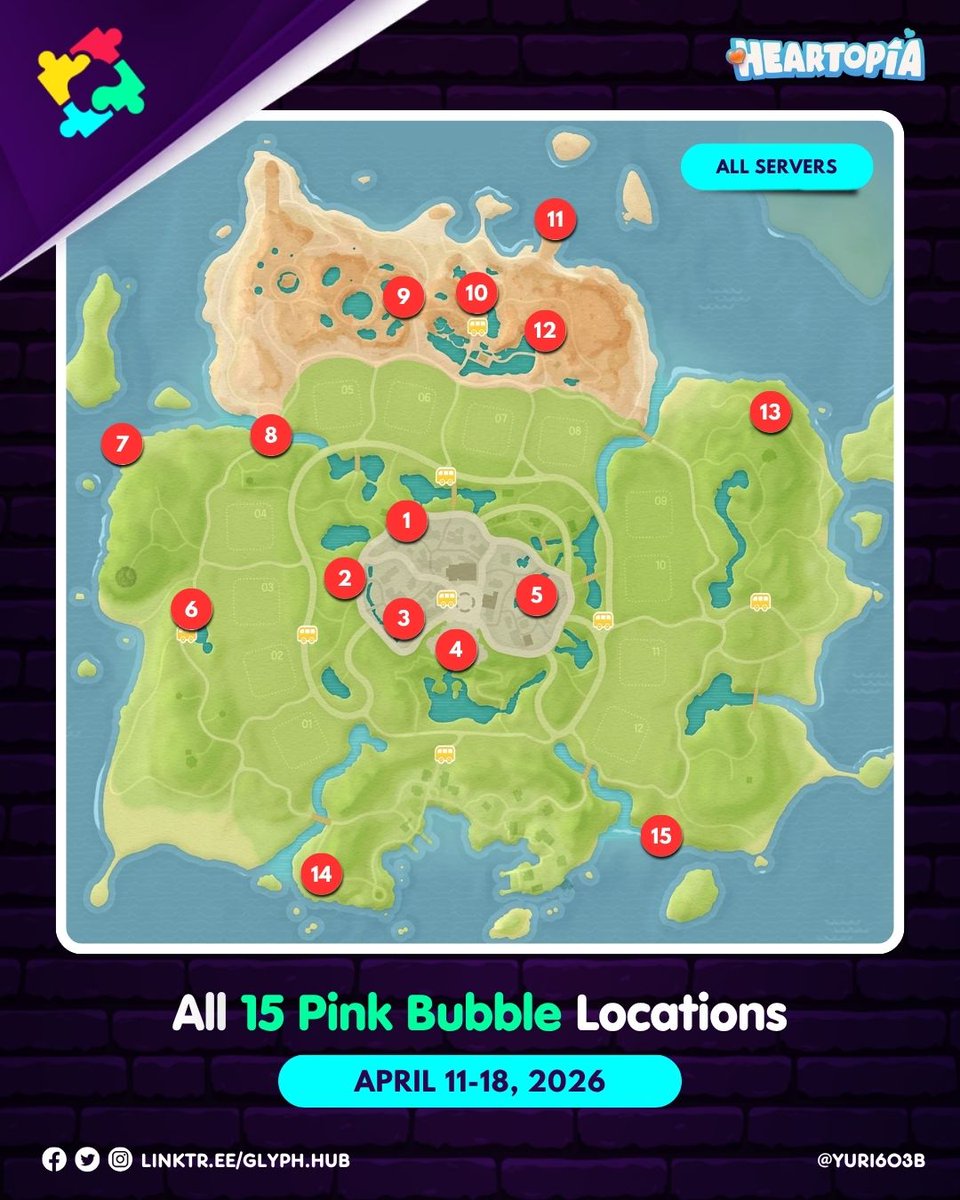 Glyph_Hub's tweet photo. [Heartopia]

All 15 Pink Bubble Locations for all servers (April 11-18, 2026)

#Heartopia #HeartopiaTips #HeartopiaGuide #PinkBubbles https://t.co/f6tAKv4g0N