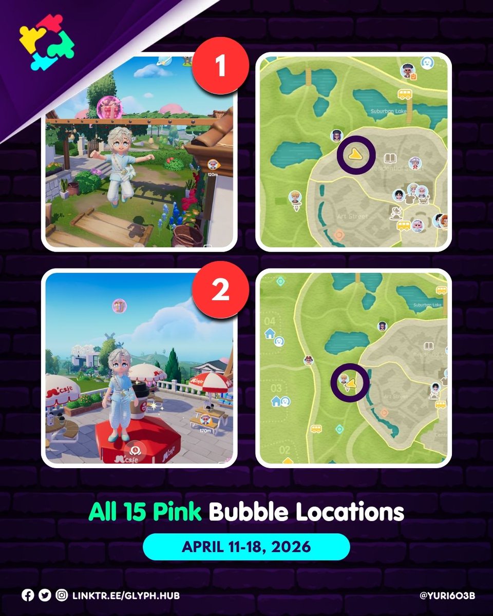 Glyph_Hub's tweet photo. [Heartopia]

All 15 Pink Bubble Locations for all servers (April 11-18, 2026)

#Heartopia #HeartopiaTips #HeartopiaGuide #PinkBubbles https://t.co/f6tAKv4g0N