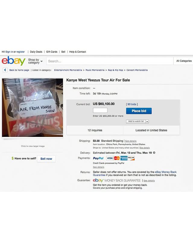 tommyblancooo's tweet image. Back in 2015, someone listed a Ziploc bag of air from Ye’s Yeezus Tour on eBay, and it somehow racked up bids topping $60,000 before the listing got taken down👀