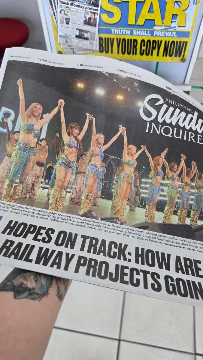 TitaSnixx's tweet photo. Can't remember the last time I bought an actual newspaper...highschool pa yata ako (don't ask the specific year na when...BASTA! 😂) but I have to go out and look for one today dahil front page ang @BINI_ph! Sooooo proud of my walo! 👏🏻 https://t.co/1m58cY9sUv