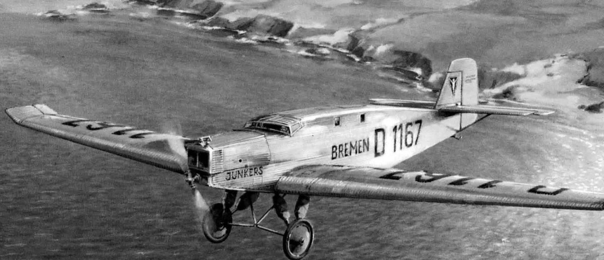 RobLooseCannon's tweet photo. Today in 1928, Captain James Fitzmaurice climbed into the cockpit of the Bremen at Baldonnel Aerodrome in south County Dublin, and took flight in the low-wing Junkers monoplane across the Atlantic. 

He was joined by Captain Hermann Köhl, the primary pilot, and Baron Ehrenfried Günther Freiherr von Hünefeld, the expedition's wealthy but physically frail financier. The magnificently named Baron had essentially bought his seat on what everyone involved knew was an extremely dangerous journey. His job during the crossing was to pass food and drink to the pilots from his compartment at the rear. 

The three men were attempting something that had never been done. Nine years earlier, John Alcock and Arthur Brown had made the first non-stop transatlantic flight, leaving St John's in Newfoundland and touching down at Clifden in Connemara. What Fitzmaurice and his German companions were about to attempt was flying east to west, directly against the prevailing winds.

Fitzmaurice himself was born in Dublin in 1898 and raised in Portlaoise, where he attended a Christian Brothers school. His interest in aviation began early, kindled by a neighbouring family of motor engineers, the Aldritts, who built their own aircraft modelled on the Wright brothers' design. 

At 16 he lied about his age to enlist and served in the First World War, eventually training as a pilot, though the Armistice came into effect on the very day he was due to ship to France. He later joined the Irish Air Corps and had already made one failed east-west attempt in 1927 before the Germans came looking for him.

When Köhl and von Hünefeld made their approach to the Irish government about using Baldonnel as a departure point, they extended an invitation to Fitzmaurice to join the crew. Von Hünefeld was shrewd enough to recognise that arriving in New York with an Irishman aboard would do them no harm at all.

The Bremen carried 520 gallons of petrol, enough for around 44 hours and weighed 5 tonnes. Thousands of Dubliners had made their way out to Baldonnel to watch, some of them shaking holy water at the plane and its crew as it taxied for take-off. The flags of Ireland and imperial Germany flew from the cockpit. At 5:38am, the Bremen lifted off.

For the first 20 hours conditions were reasonable enough. The aircraft cruised at around 1,500 feet and 120 miles per hour. Then storm clouds obscured the stars, the compass failed, and the three men flew blind through the North Atlantic darkness, heading north without knowing it. 

When the skies finally cleared, they spotted Polaris and realised they were badly off course. They turned south-west and followed the coast of Labrador, picking out the Torngat Mountains below them. An oil leak had developed inside the cockpit and they had perhaps two hours of fuel remaining.

On 13 April, 36 hours after leaving Baldonnel, they spotted the lighthouse on Greenly Island, off the Quebec coast. Köhl brought the Bremen down onto a frozen reservoir beside the lighthouse. As the aircraft came to a stop, it broke through the ice. They we freezing and wet but otherwise unharmed.

They had crossed the Atlantic from east to west, against the wind, in a single unbroken flight. New York gave them a ticker-tape parade. President Calvin Coolidge awarded all three the Distinguished Flying Cross, the first time it had ever been given to foreign nationals. 

In June 1928, Dublin granted them the Freedom of the City. The three later published an account of the flight under the title The Three Musketeers of the Air. The Bremen itself eventually found its way to the Henry Ford Museum in Dearborn, Michigan.

Fitzmaurice was promoted to Colonel. He spent years in America, returned to England during the war, and came home to Dublin in 1951. He died in Baggot Street Hospital in 1965 and was buried in Glasnevin. The flying school at Baldonnel now bears his name.

Buy the Dublin Time Machine a pint and support the DTM Book https://t.co/U7jtCrOTtb