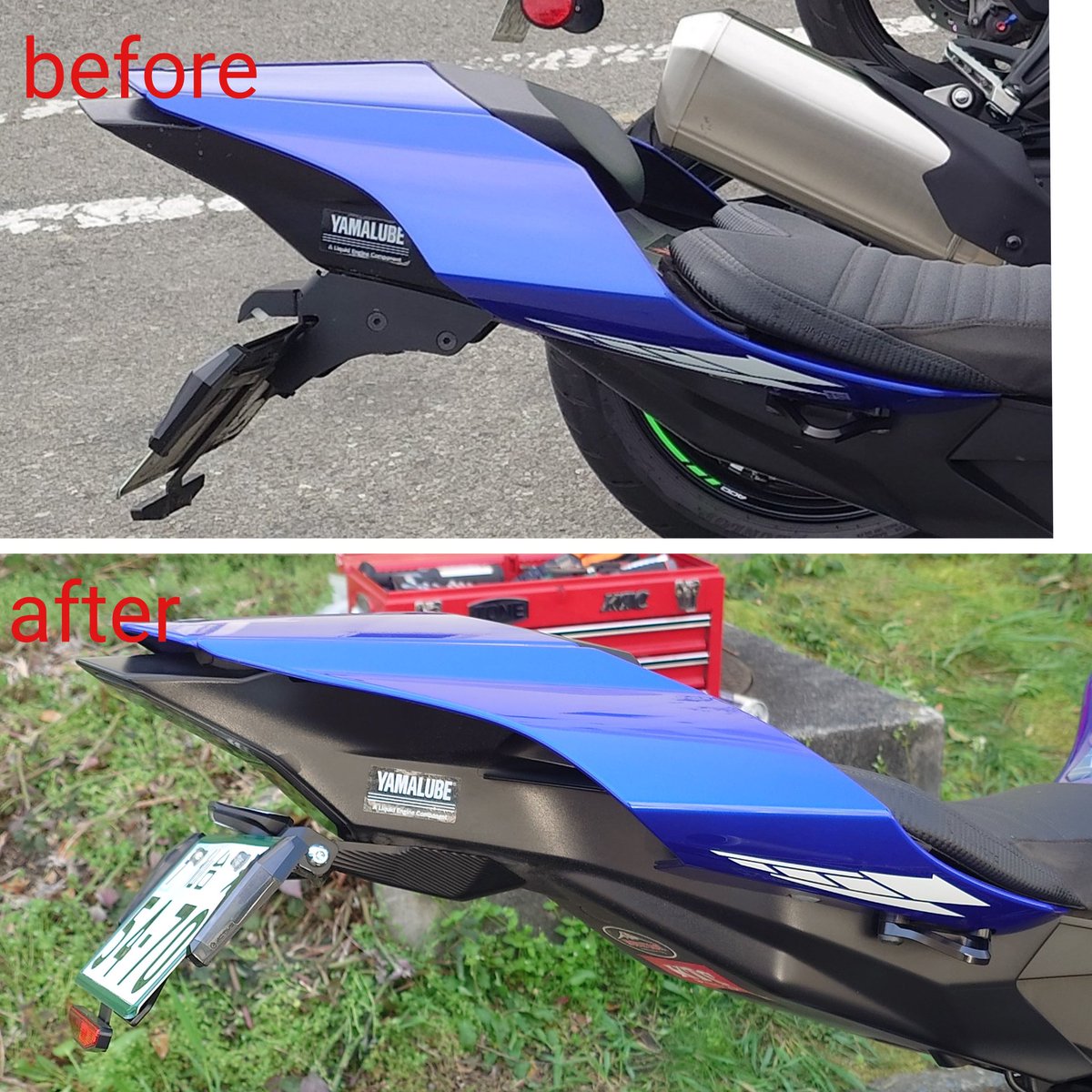 K_UE93's tweet image. デイトナに引き続きＲ１もフェンダーレスキット換装しました✨️リアカウル底部のラインが乱れない方が、尻上がりで格好良く見えると思うのですよね、自己満足ですけど😁ちょっと同じ角度の画像がなくて判り辛いかな？！ #ヤマハ #YAMAHA #YZFR1 #YAMAHAが美しい