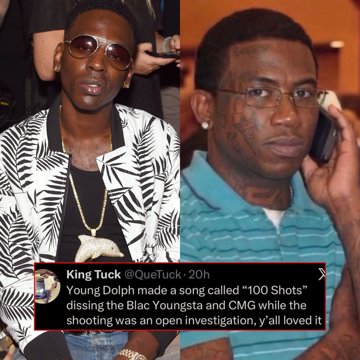 Poetikflakko's tweet image. Fans call out people for choosing sides, but nobody said anything when Young Dolph did a similar move to Gucci Mane with “100 Shots.” 👀