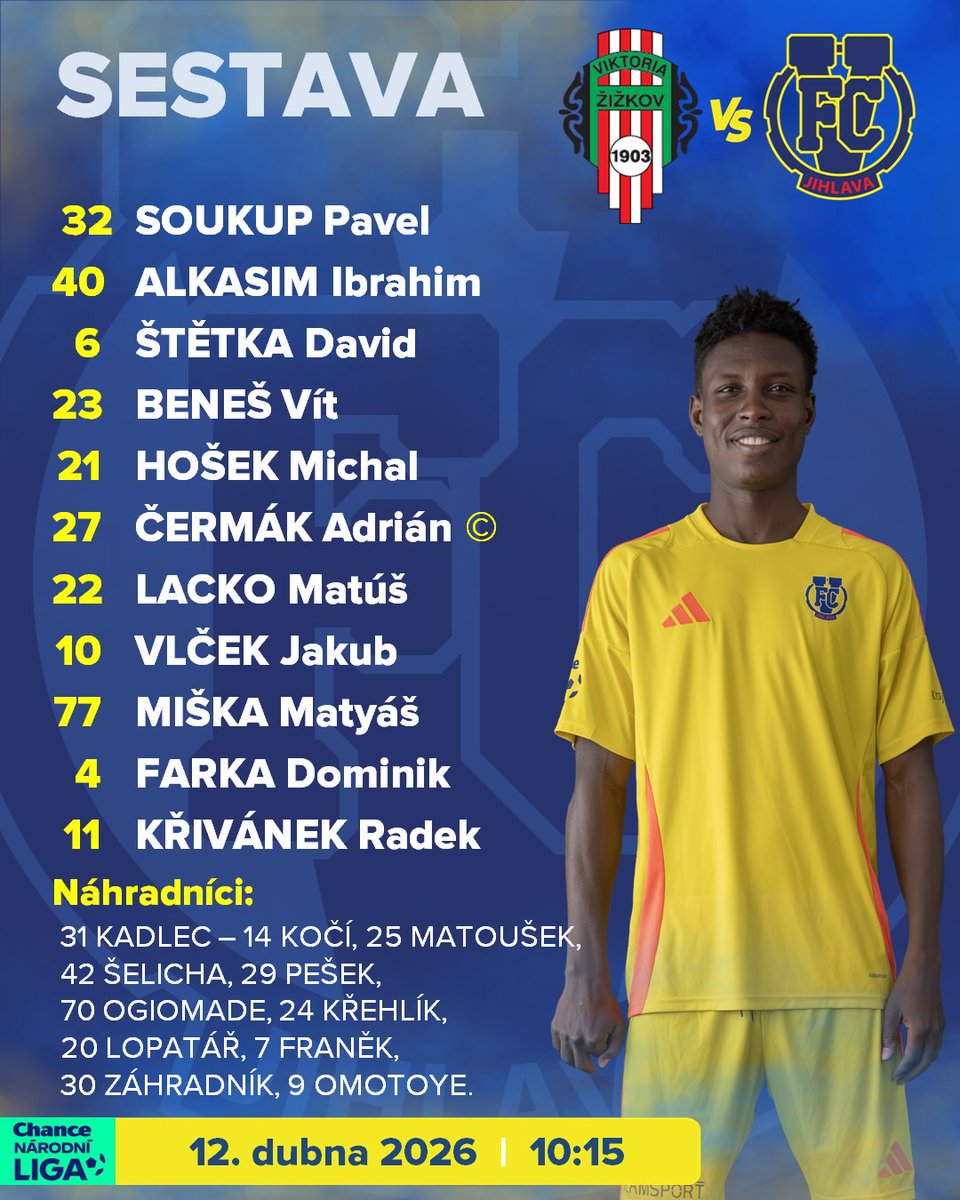 Fotbalisté FC Vysočina od 10:15 hodin nastoupí do utkání na stadiónu Žižkova. Bývalý kouč Viktorie Marek Nikl se rozhodl pro tři změny oproti duelu s Prostějovem, když místo Peška, Omotoyeho a vyžluceného Haaly nastupují Vlček, Lacko a ve své druholigové premiéře Ibrahim Alkasim.