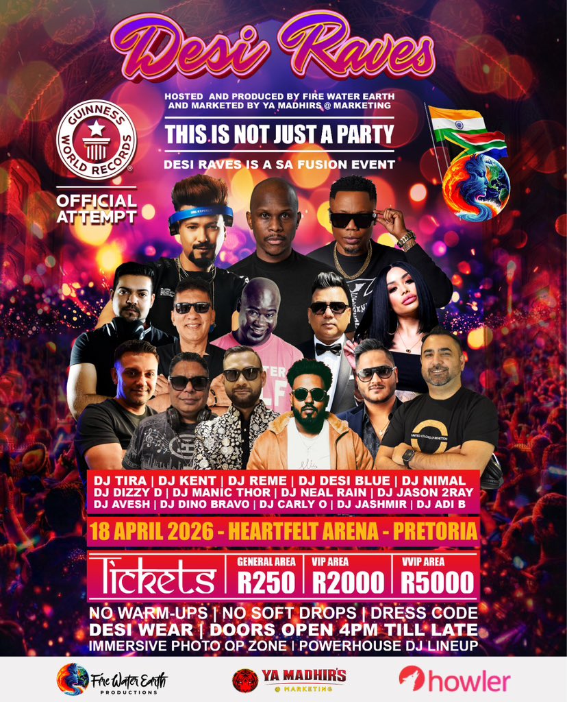 Lord_Ori_'s tweet photo. This isn’t just a party — it’s a Guinness World Record attempt. Fire Water Earth Productions is uniting cultures through Bhangra in Pretoria. 

Get tickets now: https://t.co/r11QmdAFrv
 
#DesiRavesBhangra https://t.co/vevHdDCd5f