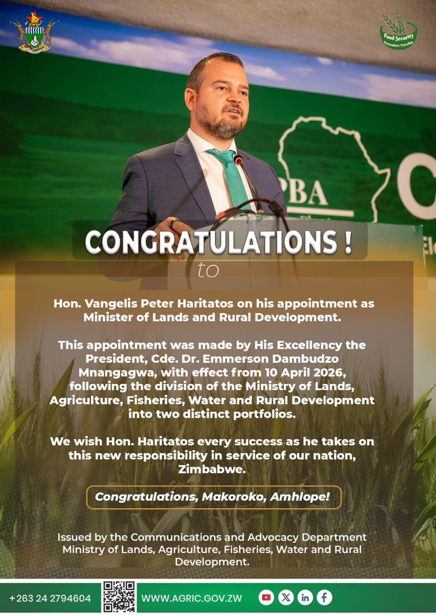 MoLAFWRD_Zim's tweet image. CONGRATULATIONS to Hon. @VPHaritatos on this new appointment! #foodsecurity 

@obertjiri @AgritexS @ZANUPF_Official @MoLGPWZim @psczimbabwe @HeraldZimbabwe @ZBCNewsonline