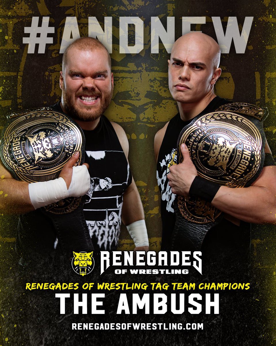 ROWrestlingAU's tweet photo. The Ambush shocked us all by becoming the first ever two time Renegades Tag Team Champions last night at #WeAreRenegades, ending the reign of the Bastard Brothers at 300 days!

Who will be their first opponents on June 6th in Essendon? 🤔

🎟️ https://t.co/WFM5RieqtE

#AndNew https://t.co/Qsfq0Q7G8r