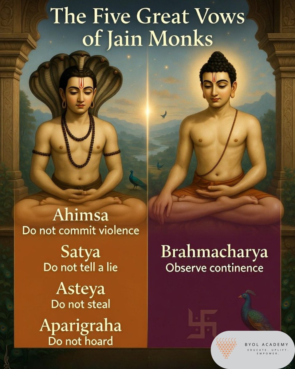 byolacademy's tweet image. In a noisy world, choose silence, truth, and peace, 
The path of Ahimsa, Satya, Asteya, Brahmacharya, and Aparigraha leads to true freedom within 

#Jainism #PanchaMahavrata #Ahimsa #Satya #Asteya #Brahmacharya #Aparigraha #SpiritualLife #InnerPeace #Mindfulness #IndianCulture