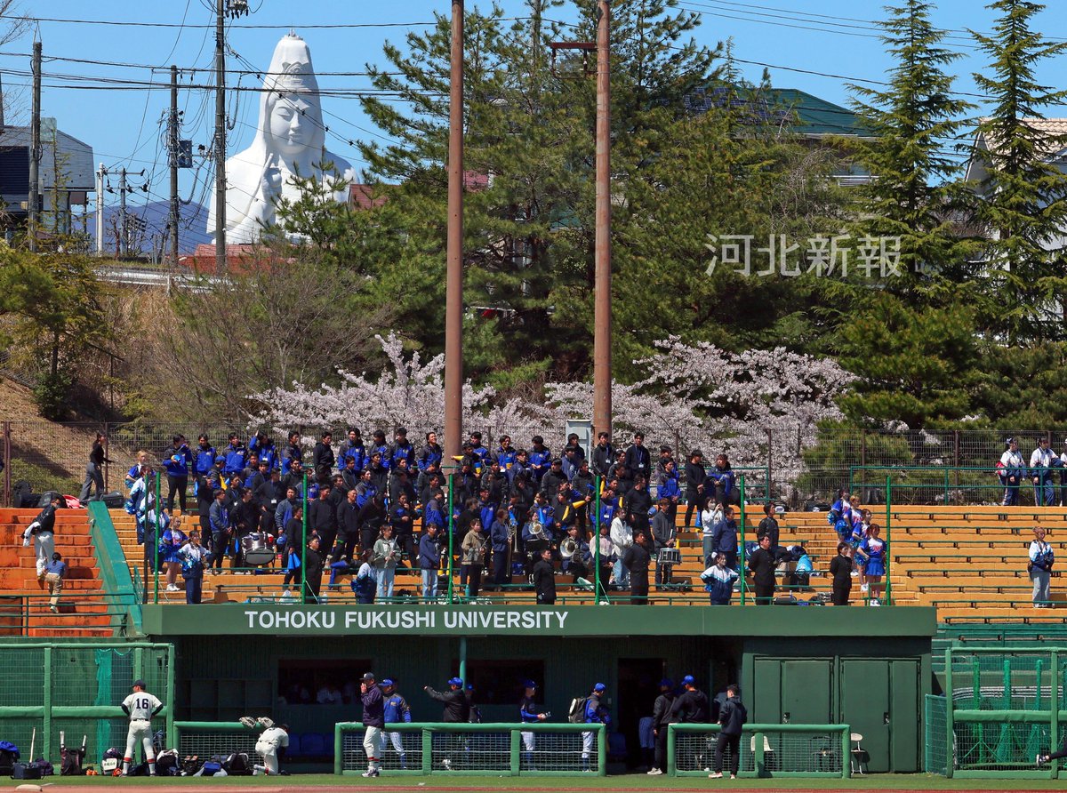 kahokuphoto's tweet photo. #仙台六大学野球 #東北工業大 vs #東北学院大 2回戦。試合を見守る #仙台大観音 です。試合の詳報は #河北新報 か https://t.co/oJQ6qwNeQZ にて。#ラスボス #東北福祉大野球場 #tgu #tohtech https://t.co/9oby0OqYjW