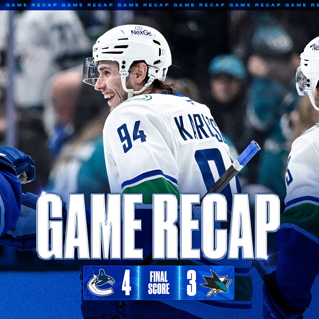Canucks's tweet image. The #Canucks put forth a scrappy effort to beat the San Jose Sharks 4-3 in a shootout. There were strong performances up and down the lineup, with young players making big plays and veterans stepping up late in the game.
 
GAME RECAP | vancanucks.co/4efTr99