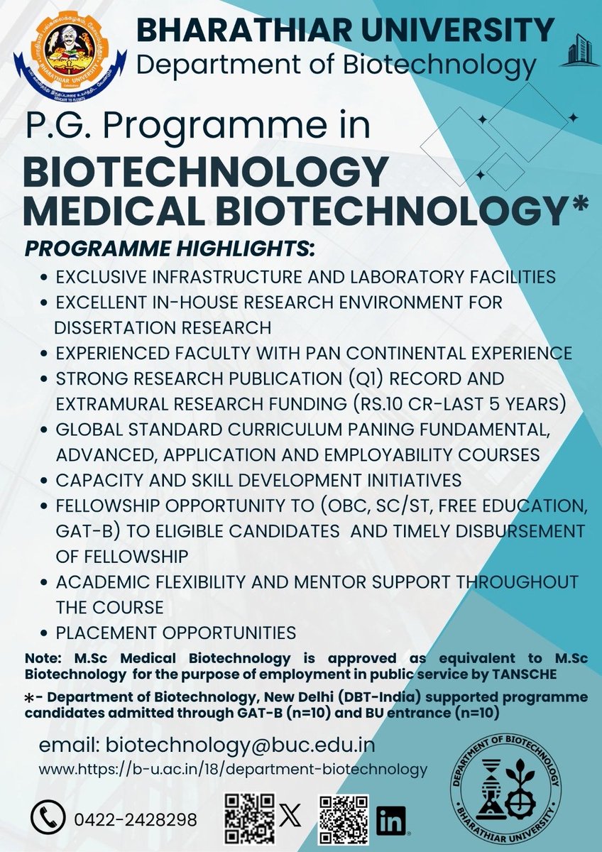 Drmashibu's tweet photo. #Bharathiar #University #postgrad #scholarship #medical #biotechnology  #study #research #studentlife #career #cbe #Dbtindia https://t.co/Y0ekRML9u4