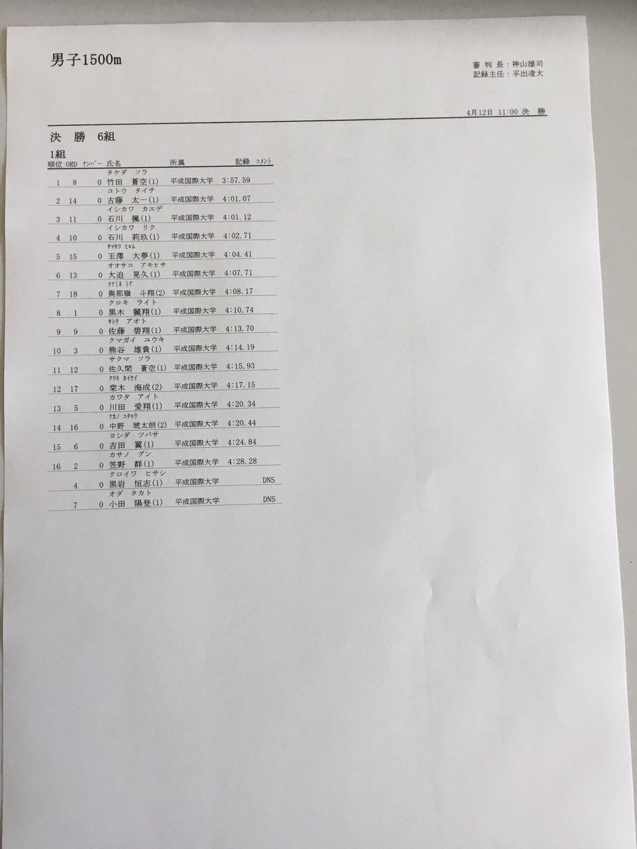第129回平成国際大学長距離競技会リザルト
男子1500m 1組
※正式記録は後日公開します