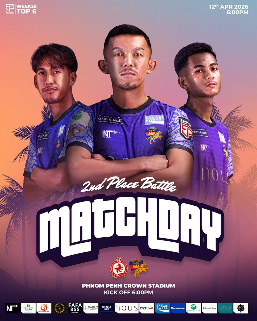 Angkor_Tiger_FC's tweet photo. 𝐈𝐭’𝐬 𝐌𝐚𝐭𝐜𝐡𝐝𝐚𝐲⚡️🟠

Phnom Penh Crown FC 🆚 Angkor Tiger FC

🗓 4/12(日)
🕐 6:00pm (🇯🇵20:00)
🏟 Phnom Penh Crown Stadium
🏆 Cambodian Premier League 2025/26 | week28

#ATFC #Siemreap #wearetiger https://t.co/zsG6ttZJiJ