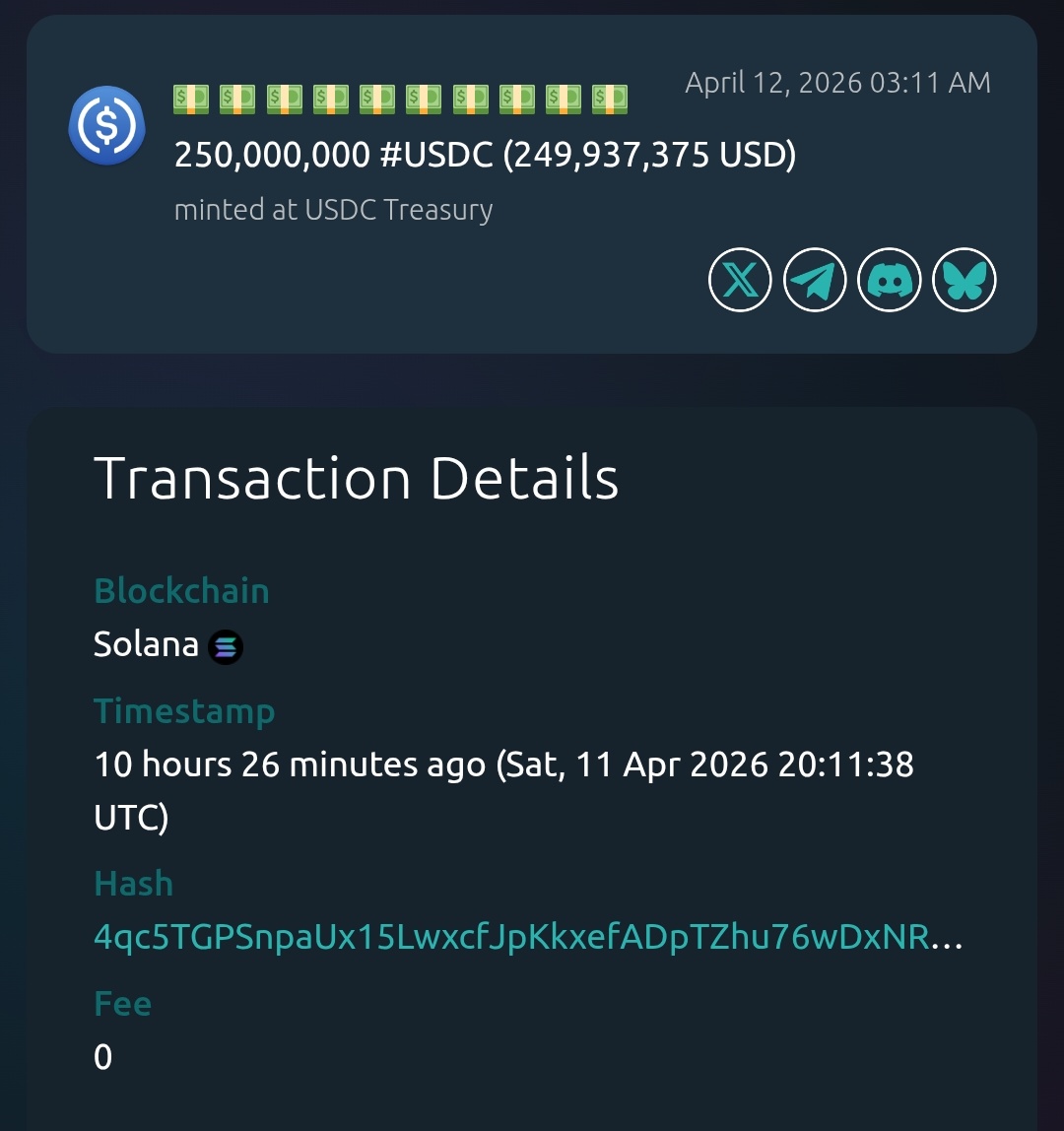 Apt_99999's tweet photo. 💵 💵 💵 💵 💵 💵 💵 💵 💵 💵  250,000,000 #USDC (249,937,375 USD) minted at USDC Treasury

@Apt_99999 @sui_tinyworldAI 
@suipiens @Xenea_io @USDC https://t.co/wfrCpQo3Ya