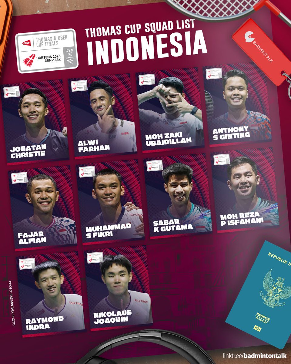 BadmintonTalk's tweet photo. Squad list for Indonesia at Thomas Uber Cup 2026 (24 April - 3 May 2026)

Good luck to all athletes!

#TUC2026 #Horsens2026 https://t.co/o9N9RPcS7F