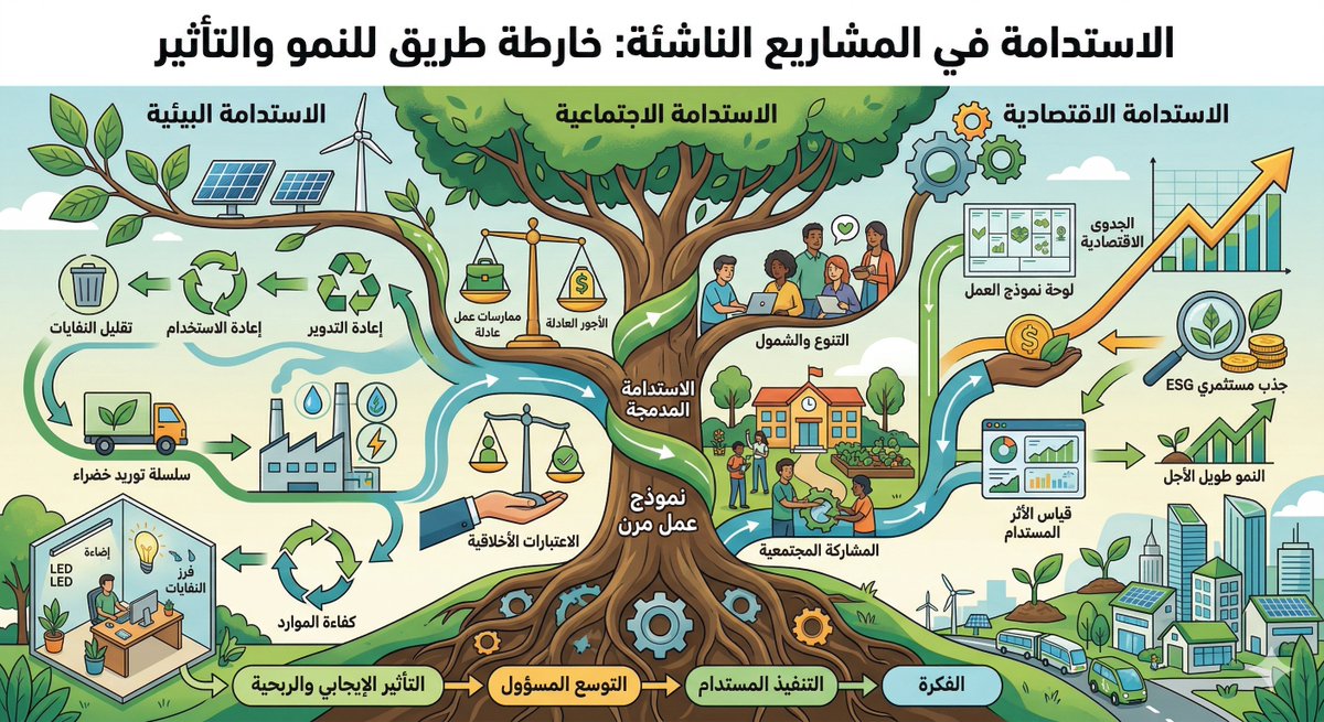 #خبراء 
#السعودية_العظمى 
#نحلم_ونحقق
#ارض_عامره
و #الوعد_2030

#الاستدامة في #المشاريع_الناشئة ليست إضافة شكلية، بل ركيزةٌ تؤسس لمشروع أكثر وعيًا، وأعلى كفاءة، وأرسخ أثرًا. فالمشروع المستدام لا يقف عند حدود الربح، بل يمتد إلى حسن توظيف الموارد، وتعظيم القيمة، والاستجابة