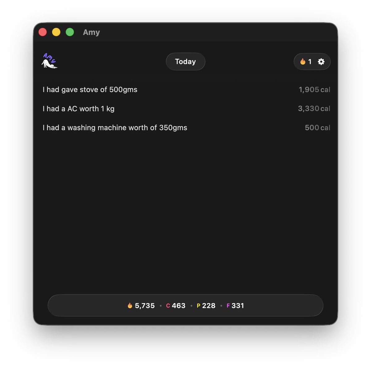 _vinaykishore's tweet photo. Just discovered this YouTube creator @raroque and now the algo won’t stop💀

Dude builds apps in public, monetizes them, and somehow gets real traction ~2k MRR

Tried one of his “AI calorie tracking via journaling” apps… and it casually told me

“AC worth 1kg = 3300 calories”💀 https://t.co/1bRAMwmFqP