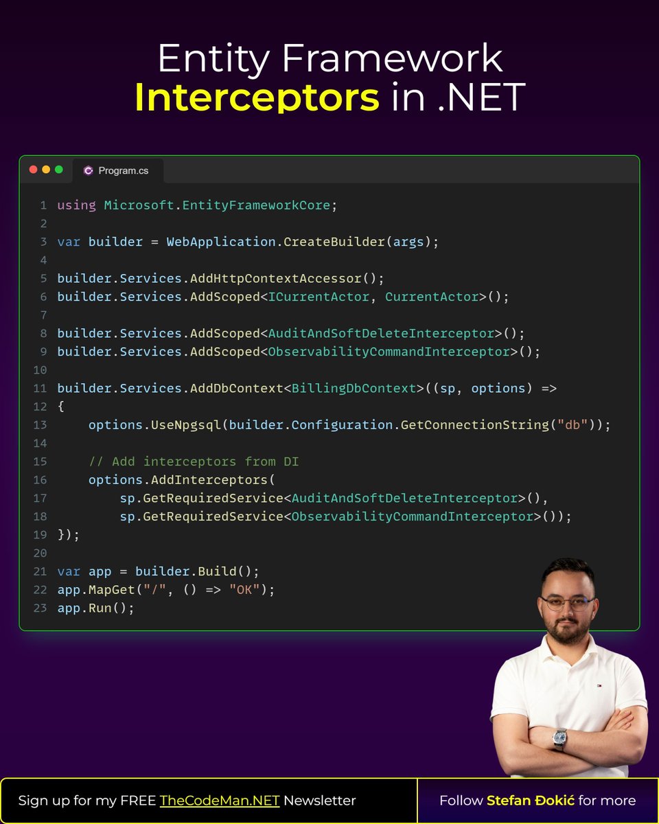 TheCodeMan__'s tweet image. Your DbContext is doing too much. EF Core Interceptors fix that.

Here's what they let you do:

• Automatically set audit fields (CreatedAt, UpdatedAt, UpdatedBy) on every save
• Convert hard deletes into soft deletes without changing a single line in your services
• Tag every