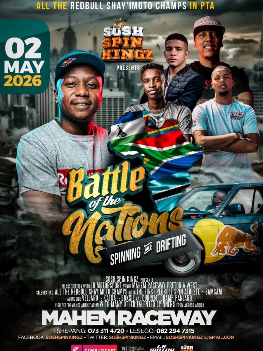 SoshSpinKingz's tweet photo. 🏎 BATTLE OF THE NATIONS
🏟 MAHEM RACEWAY, Pretoria
🎟 https://t.co/pQLUVAjDWr 
🗓 02 MAY 2026, Saturday 
🕚 11H00 to 21H00

"ALL about spinning, drifting &amp; stunts" https://t.co/j4kdEWyf9d