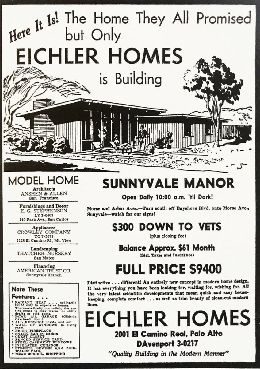 InclineVillag3's tweet photo. This vintage Eichler Homes ad for "Sunnyvale Manor" is a fascinating time capsule of the California dream in the 1950s:
•The Price: A full price of just $9,400.
•The Deal: Only $300 down for veterans and $61 a month https://t.co/t2nnn6aNb4