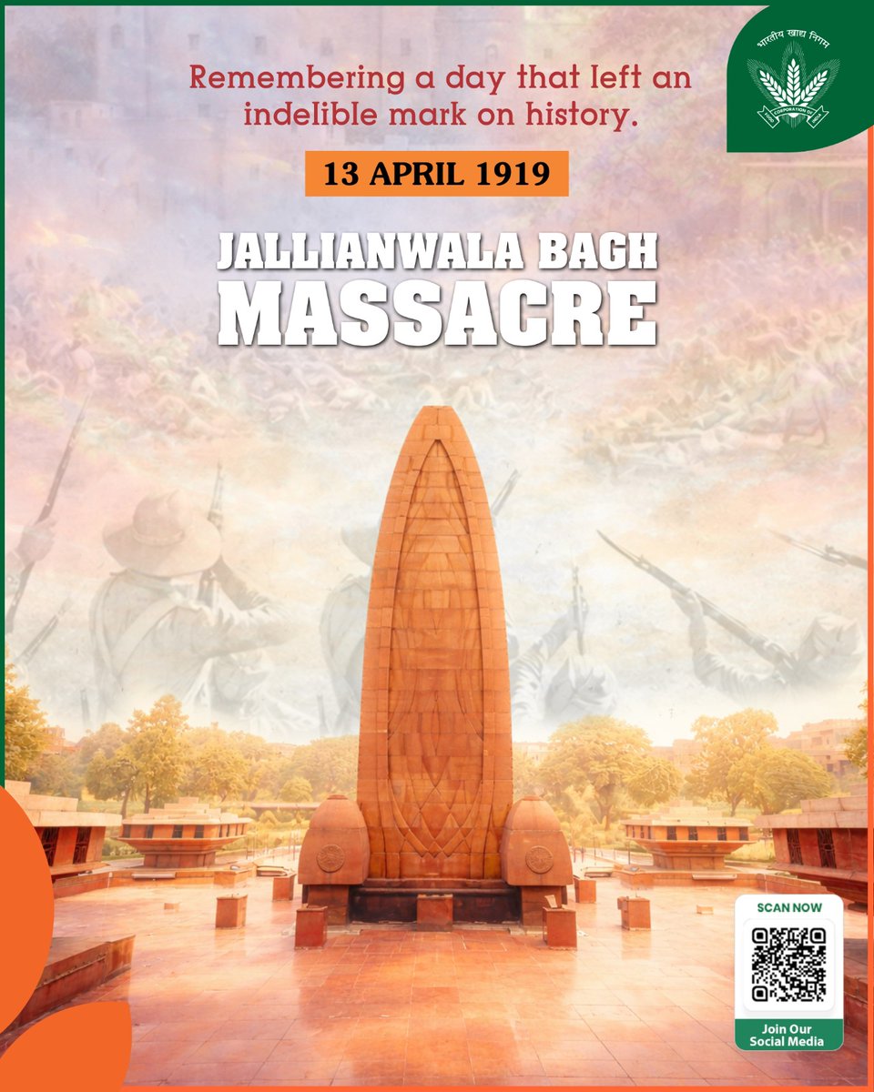 A day etched in history with the tears and blood of innocent lives. On 13 April 1919, Jallianwala Bagh became a testament to ultimate sacrifice.

Let us never forget. FCI (#FoodCorporationOfIndia) joins the nation in honoring the solemn memory of the martyrs.

<a href="/mygovindia/">MyGovIndia</a>