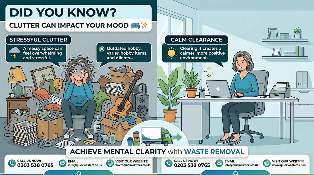Quickwasters1's tweet image. DID YOU KNOW? CLUTTER CAN IMPACT YOUR MOOD 🛋️✨
A messy space can feel overwhelming and stressful.
Clearing it creates a calmer, more positive environment.
.
📞 0203 538 0765
📧 info@quickwasters.co.uk
🌍 quickwasters.co.uk
.
#DidYouKnow #QuickWasters #HouseClearanceLondon