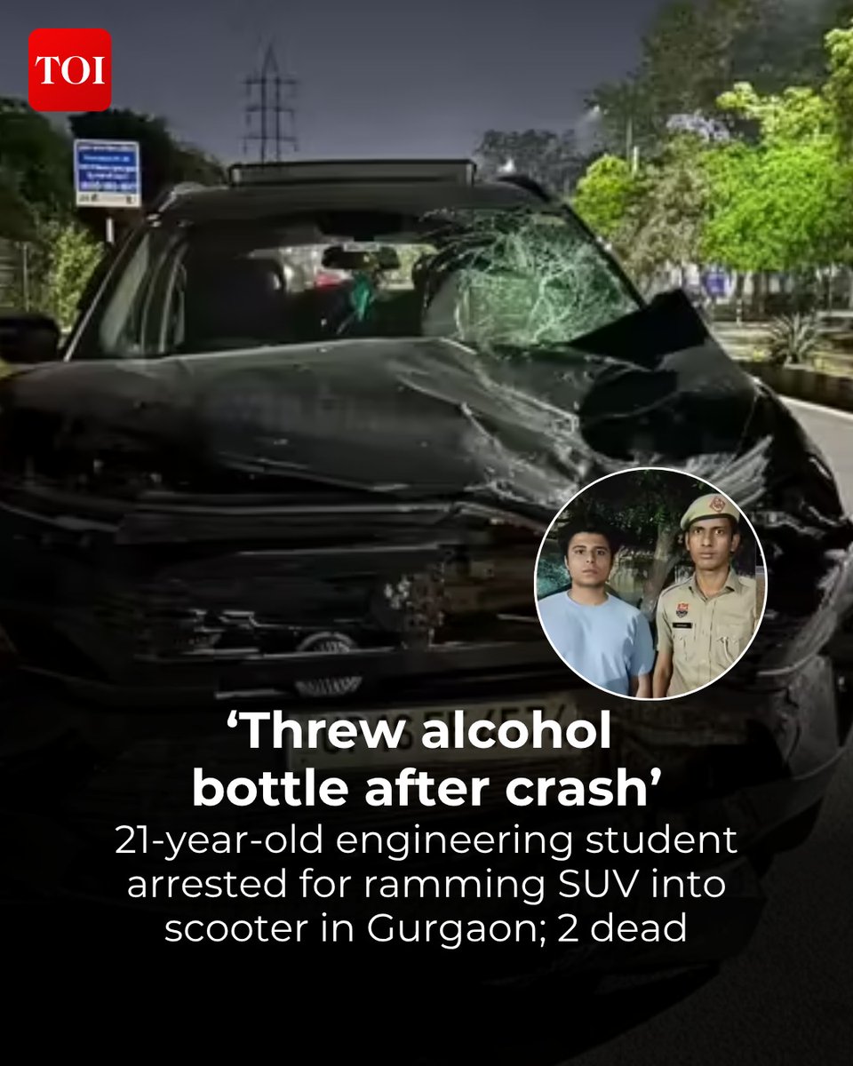 timesofindia's tweet image. A 21-year-old #engineering student, Akrit Yadav, has been arrested for allegedly causing a fatal accident in #Gurgaon's Sector 57. Driving an #SUV on the wrong side, he crashed into a scooter, killing two young men. Eyewitnesses reported suspicious behavior, including the driver