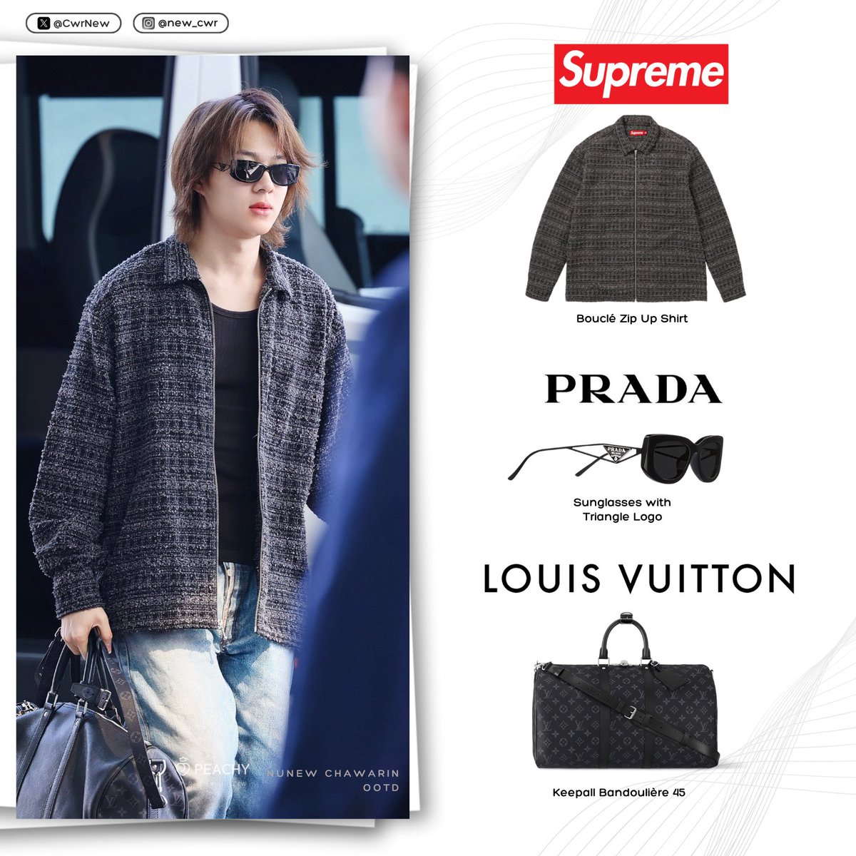 NuNewOOTD's tweet image. ✩Airport Look•°˖🛫⋆｡˚꩜ @CwrNew 
[ #NuNewOOTD #NuNewStyle ]

#Supreme
🧥Bouclé Zip Up Shirt

@Prada
🕶Sunglasses with triangle logo

@LouisVuitton
👜Keepall Bandoulière 45

#Prada #LouisVuitton 
#NuNew #นุนิว #NanaNu