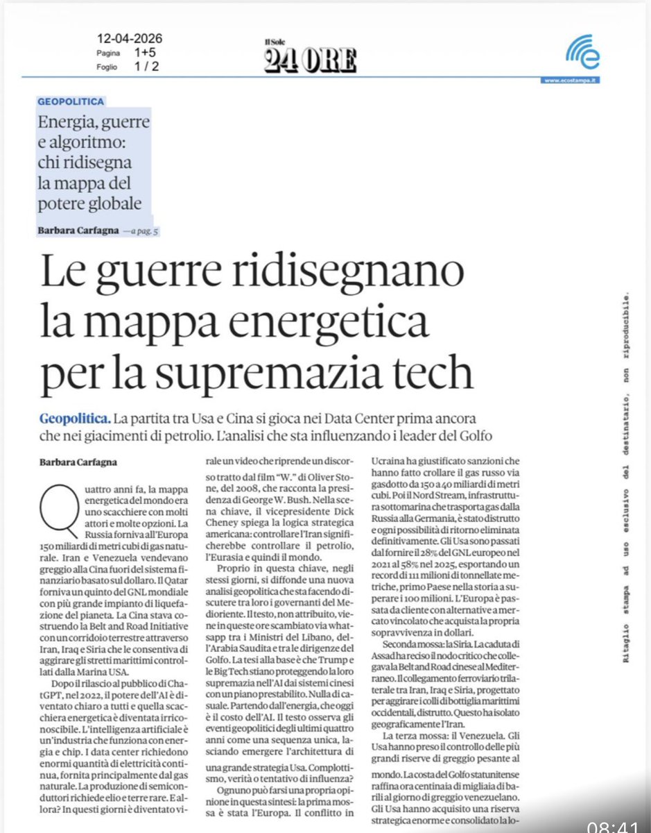 barbaracarfagna's tweet image. Al centro di tutte le guerre, l’#AI e l’#energia per i #Datacenter 

Il caos, dall’Ucraina all’Iran, diventa logica in questa impressionante analisi anonima che sta diventando virale via Whatsapp tra i ministri e Governanti del #Golfo. Chi è l’autore? Un uomo o un’AI? Ed è tutto