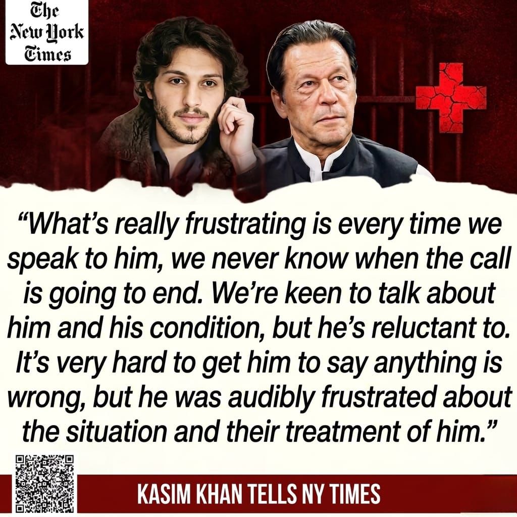 اقوام متحدہ کے پلیٹ فارم پر عمران خان کے بیٹوں قاسم خان اور سلیمان خان نے عالمی برادری کو عمران خان کی قید میں غیر انسانی حالات اور تشویشناک صحت کی صورتحال سے آگاہ کیا۔ فوری طور پر ذاتی معالجین اور اہل خانہ تک رسائی کا مطالبہ۔

#SaveImranKhansEyesight