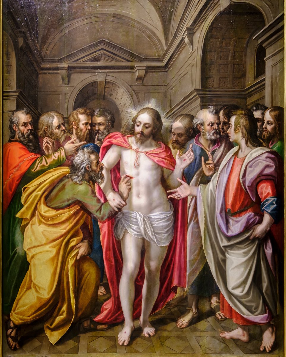 Incredulidad de Santo Tomás, Alonso Sánchez Coello, 1578.        

En el II Domingo de #Pascua Jesucristo se aparece resucitado y santo Tomás, incrédulo, le introduce la mano en el costado youtube.com/watch?v=HDZMYC…