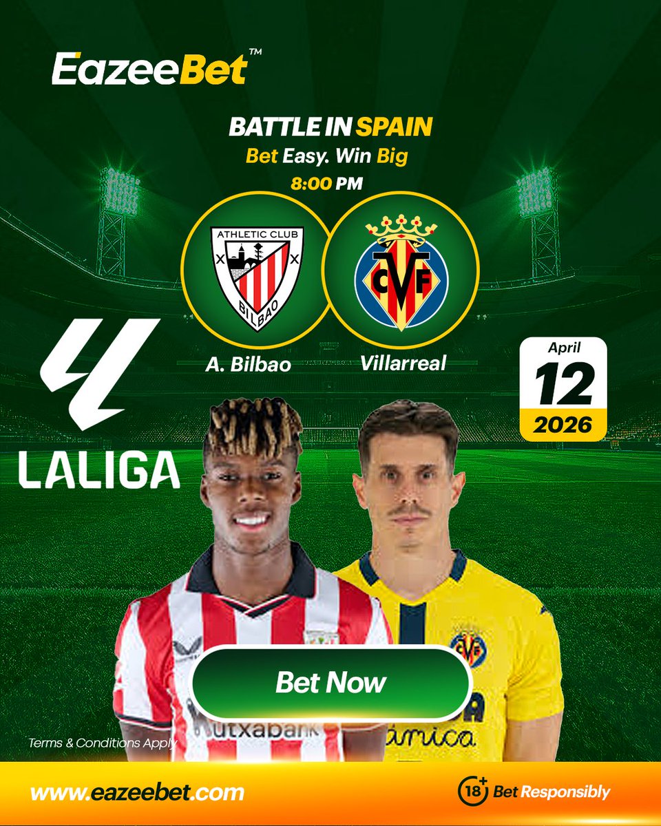 EazeeBetng's tweet photo. BATTLE IN SPAIN 

Athletic Bilbao vs Villarreal CF

Two strong sides, one big clash 
Who takes the win tonight? 

Sign up now &amp; enjoy ₦1000 welcome bonus

https://t.co/KQsdZC7PUR https://t.co/NCHIyuROdH