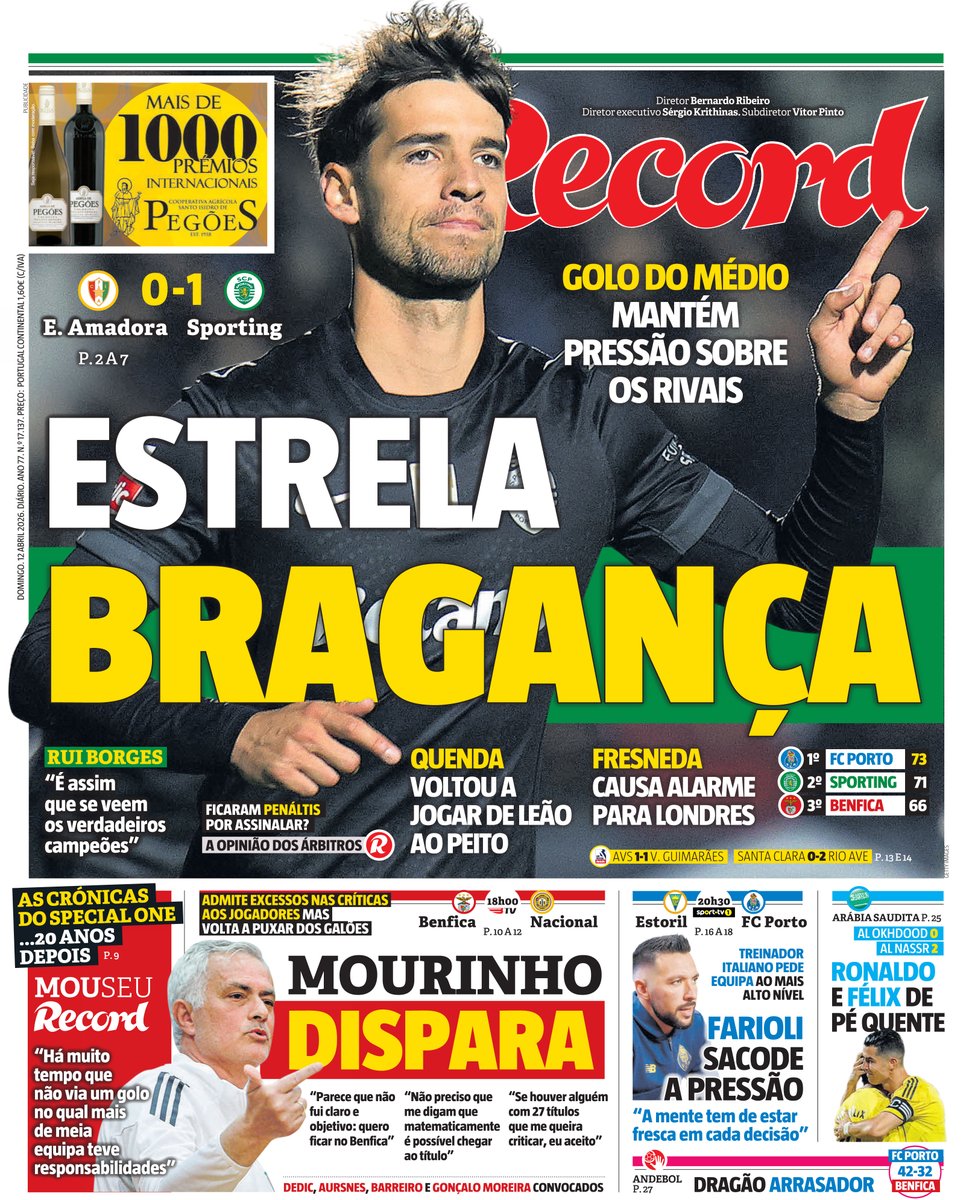 Record_Portugal's tweet image. Bom dia! A primeira página de Record de hoje, 12 de abril #capa #record
