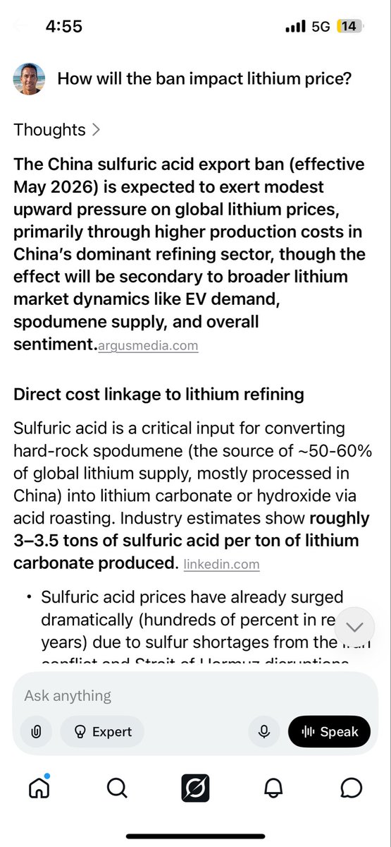 Sw197843's tweet image. How will Sulfuric acid export ban impact lithium markets and what part does it play in lithium processing ???💥💥💥

An upward swing looks likely........thoughts?

#auspol #ausbiz #lithium