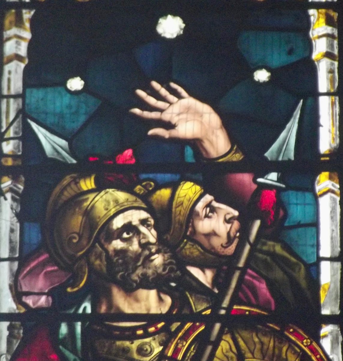 #ShakespeareSunday 
As stars with trains of fire, and dews of blood,
Disasters in the sun; and the moist star
Upon whose influence Neptune's empire stands
Was sick almost to doomsday with eclipse.
Hamlet 1:1

#stainedglass Leominster Priory #stainedglassSunday