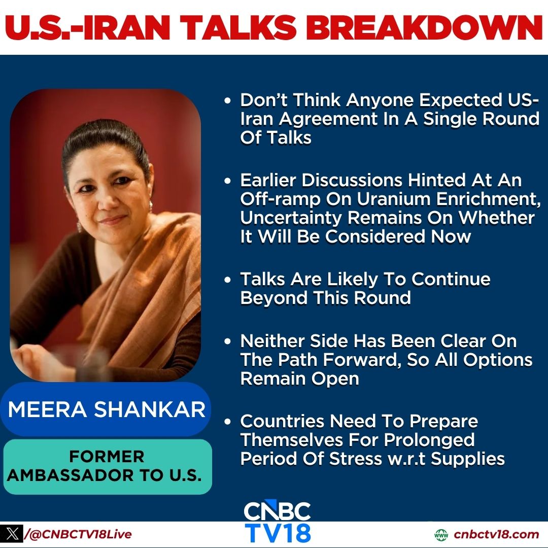 CNBCTV18Live's tweet image. #USIranTalksBreakdown | Meera Shankar, #Former Ambassador To US, speaks to CNBC-TV18, says:

👉No breakthrough was expected in a single round of talks; #uranium enrichment off-ramp remains uncertain. Talks are likely to continue, with US &amp;amp; Iran still divided and no clear path