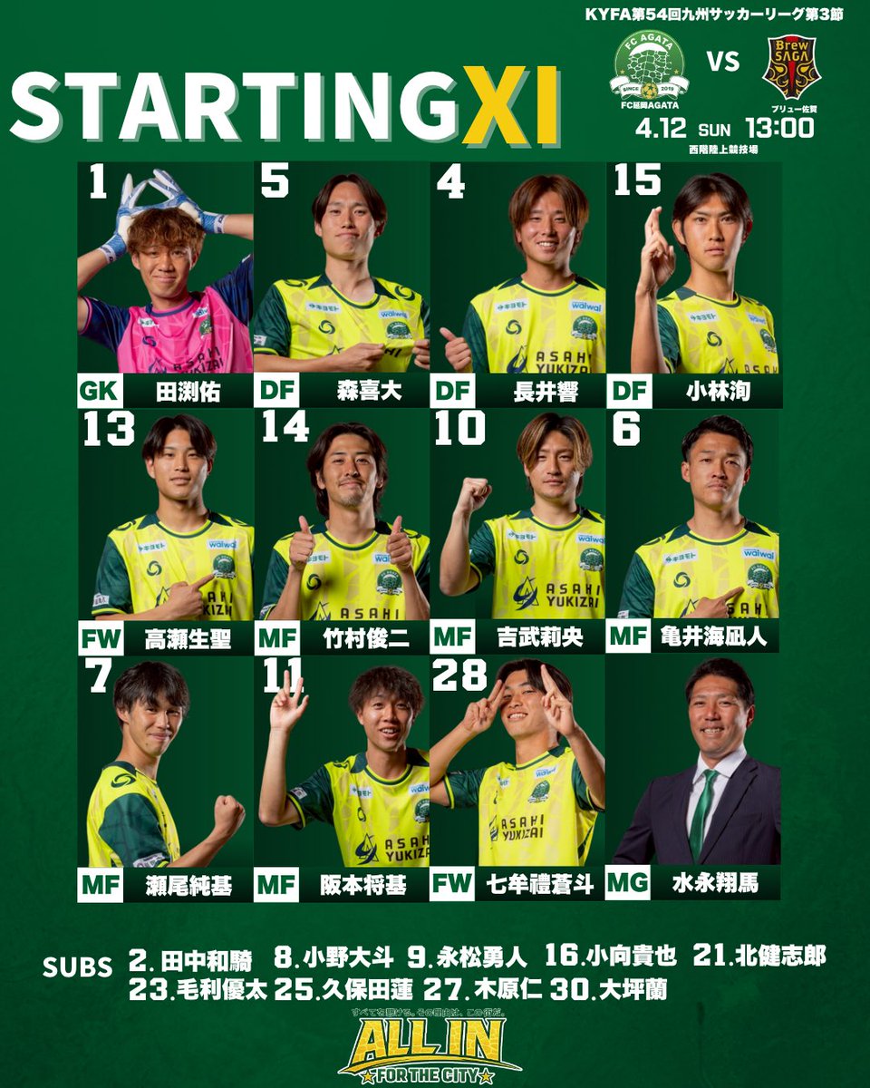 agata_fc's tweet photo. 🏆KYFA第54回九州サッカーリーグ第3節🏆

スターティングⅪ🔥

🗓️4月12日(日)
⌚️13:00キックオフ
🆚ブリュー佐賀
🏟️西階陸上競技場

#延岡市
#FC延岡AGATA
#延岡プライド
#サッカーを通して延岡を元気に
#agataサポーターと共にJリーグ https://t.co/l6SBmElM9n