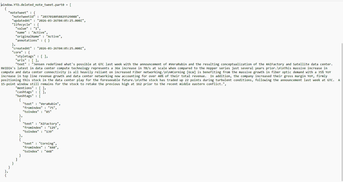 MikeBardy4Real's tweet photo. @Corning stock has exceeded previous highs now trading at $171, representing a 33% gain from GTC 2026 and 17% gain from previous post.

#TechStocks #Technical #SupportEntry #Fundamental

Previous post and archive below (somehow deleted)

Jensen redefined what's possible at GTC last week with the announcement of #VeraRubin and the resulting conceptualization of the #AIFactory and Satellite data center.  NVIDIA's latest in data center compute technology represents a 36x increase in TB/s at scale when compared to the Hopper series just several years prior.  

This massive increase in compute and data center connectivity is all heavily reliant on increased Fiber networking.  

#Corning [GLW] is benefiting from the massive growth in fiber optic demand with a 35% YoY increase in top line revenue growth and data center networking now accounting for over 40% of their total revenue.  In addition, the company increased their gross margin YoY, firmly positioning this stock in the data center play for the foreseeable future.

The stock has traded up 22 points during turbulent conditions, following the announcement last week at GTC.  A 15-point window still remains for the stock to retake the previous high at 162 prior to the recent middle eastern conflict.