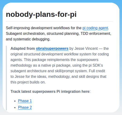 tom_doerr's tweet image. Superpowers workflows for pi agents

github.com/HashWarlock/no…