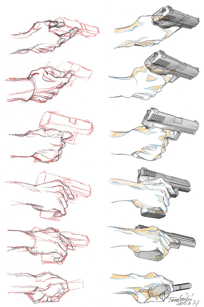 折角描いたのでこちらの手も作画の参考になりましたら。実写銃のホールドを提供下さった写真素材を原画風に書き換えました。銃3Dモデルは2Dに描き起こした手にアングルを合わせています。
#日々描く　#絵の練習　#手の練習