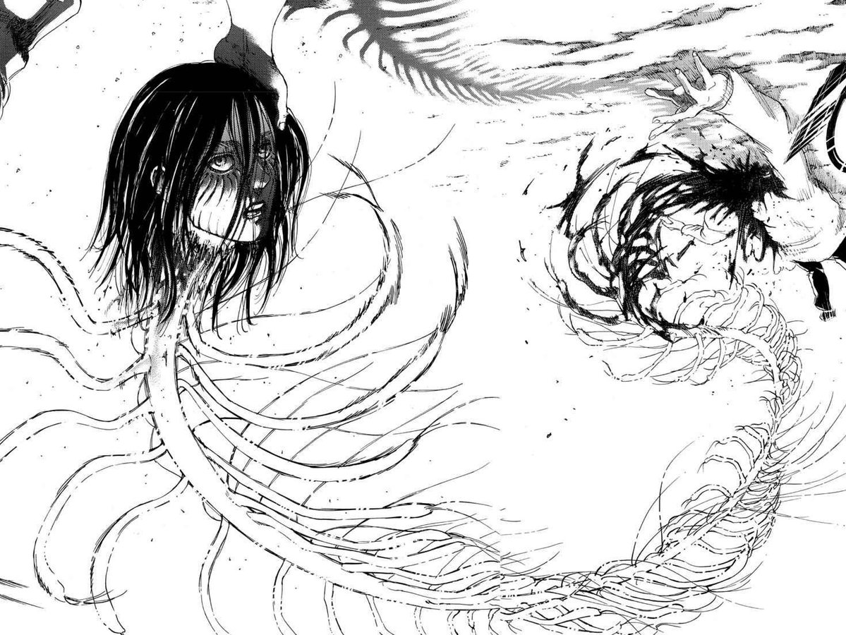 erenuprofen's tweet image. eren-parasite-hallucigenia ab to take the form of the founding titan is a masterpiece. the head grotesquely decapitated by a bullet n an ancestral creature extending from her spine n connecting to her head is absolute cinema. #badass panel &amp;amp; scene