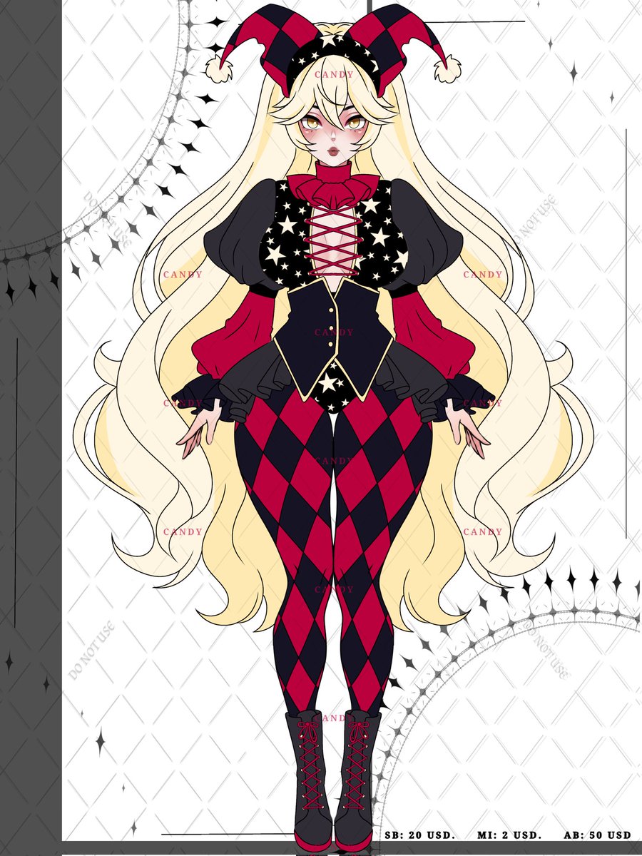 CandyArt215's tweet photo. Adoption ✨ Jester ✨
SB:  $20 USD
MI: $2 USD
AB: $50 USD (Includes Commercial Use)
Payment: PayPal only (USD).
#adoptables #adopts #oc #Vtuber #VtuberEn #adopt #adoptable #openadopt #openadoptable #adoptableauction #openauction  #adoptablebatch #ocadoptable #ocadopts #OCadopt https://t.co/qSlu67Rb9e